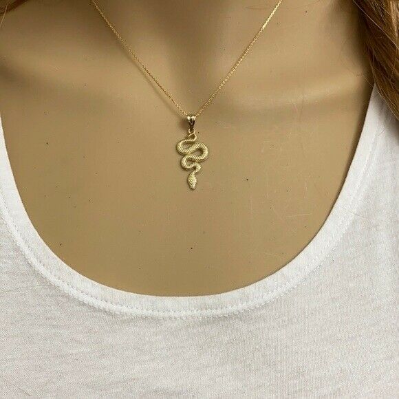 Solid 14k Yellow Gold Textured Snake-Serpent Pendant Necklace