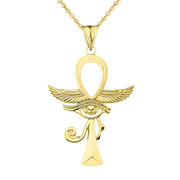 10k Solid Yellow Gold Ankh With Eye of Horus Pendant Necklace