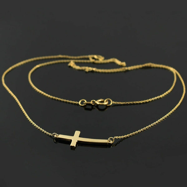 14K Solid Real Yellow Gold Sideways Curved Cute Cross Necklace 16" 18" 20" 22"