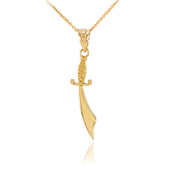 14K Solid Gold Scimitar Sword Detailed Handle Pendant Necklace