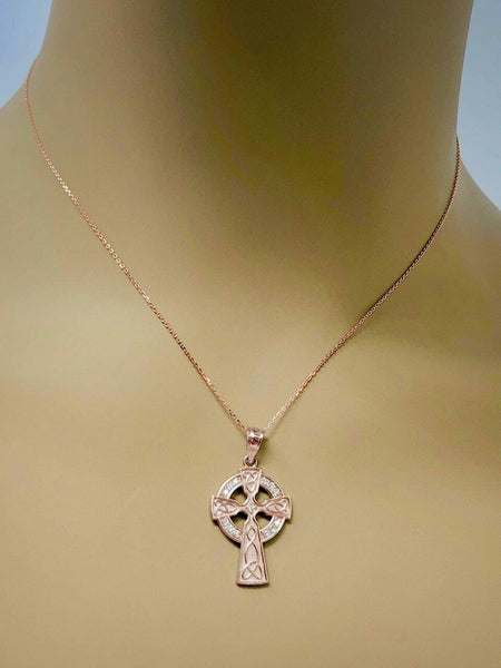 Solid 10k Rose Gold CZ Irish Trinity Knot Celtic Cross Pendant Necklace