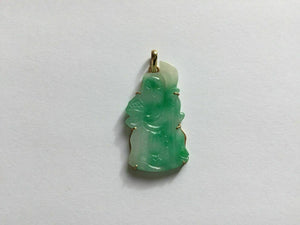 14k Solid Yellow Gold Longevity God Green Jade Pendant