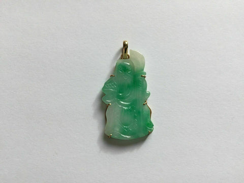 14k Solid Yellow Gold Longevity God Green Jade Pendant