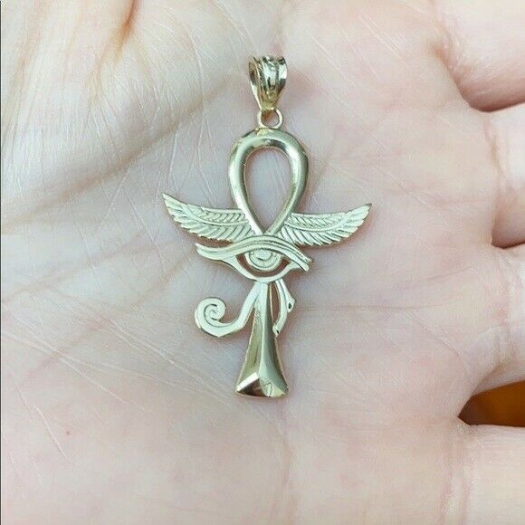 14k Solid Yellow Gold Ankh With Eye of Horus Pendant Necklace