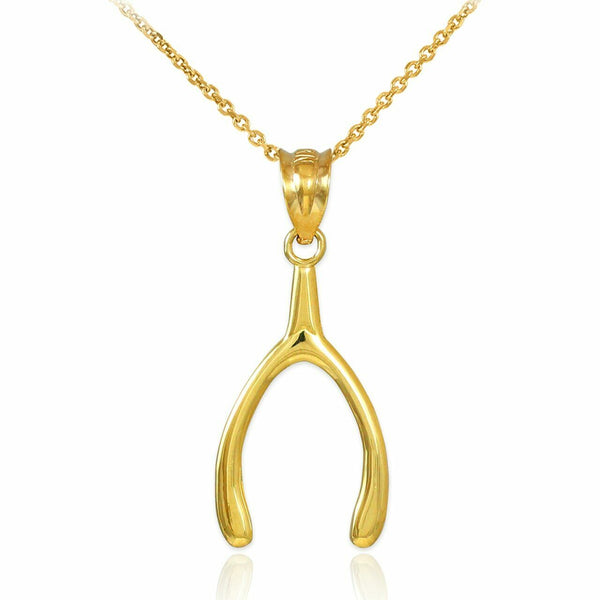 10k Solid Yellow Gold Polished Wishbone Pendant Necklace