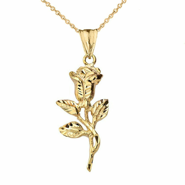 10k or 14k Solid Yellow or Rose or White Gold Sparkle Cut Rose Pendant Necklace