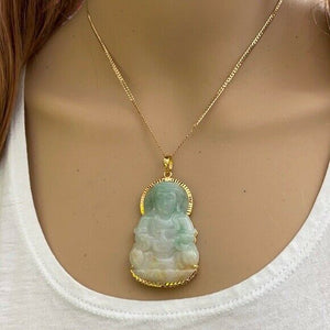 14K Solid Real Gold Natural Jadeite Jade A Kwan Yin Lady Buddha Pendant