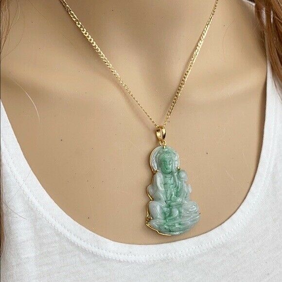 14K Solid Real Yellow Gold Natural Jadeite Jade Kwan Yin Lady Buddha Pendant 702