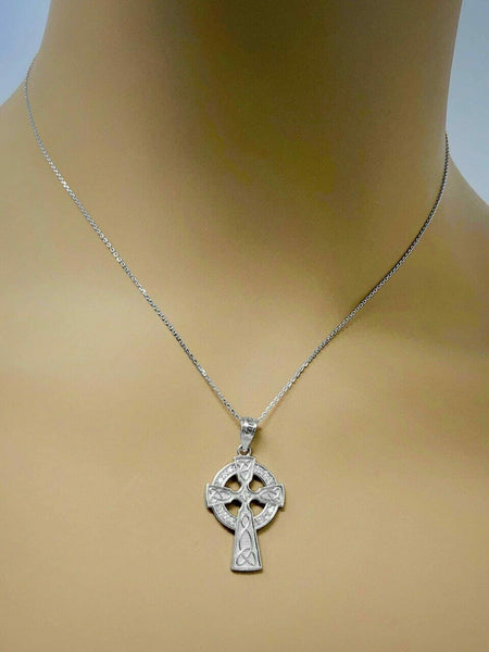 Solid 14k White Gold Diamond Trinity Knot Celtic Cross Pendant Necklace
