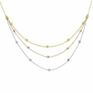 14K Solid Gold 3 Layer Diamond Cut Tri-color Bead Chain Necklace 17" Adjustable