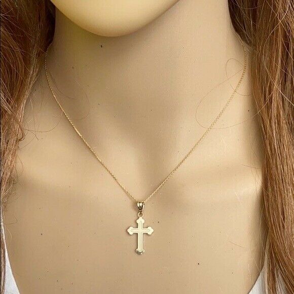 Solid 10k Yellow Gold Dainty Greek Orthodox Cross Pendant Necklace