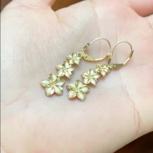 14k Solid Real Yellow Gold Elegant Plumeria Flower Leverback Earrings