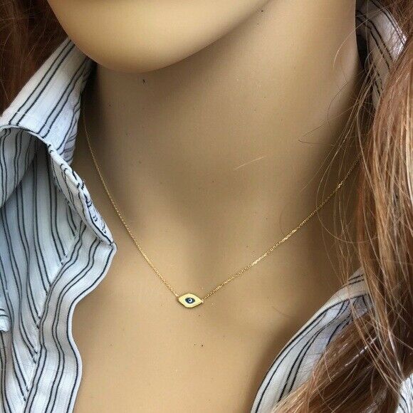 14K Solid White Gold Mini Evil Eye Cable Necklace - Minimalist Adjustable