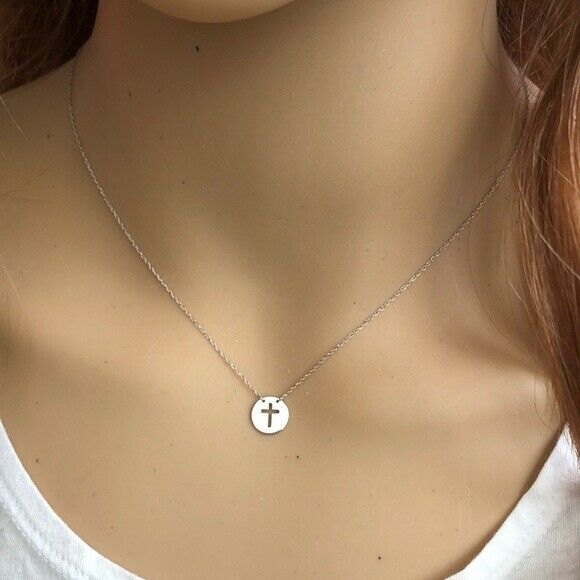 14K Solid White Gold Mini Disk Cut Out Cross Dainty Necklace - Minimalist
