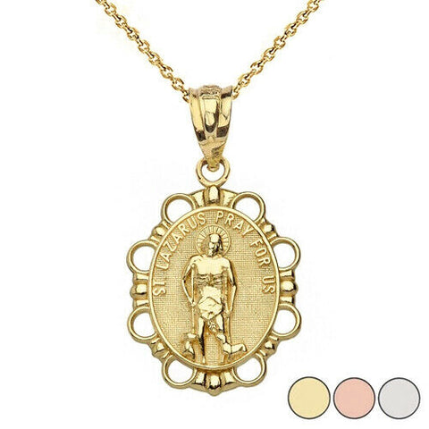 10k Solid Yellow Gold St. Saint Lazarus Pray For Us Health Oval Pendant Necklace