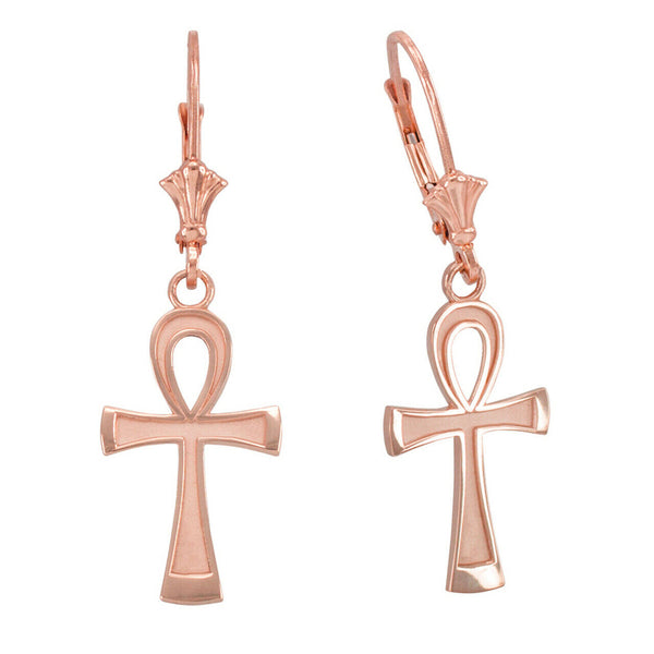 10k Rose Gold Ancient Egyptian Ankh Cross Drop / Dangle Leverback Earrings