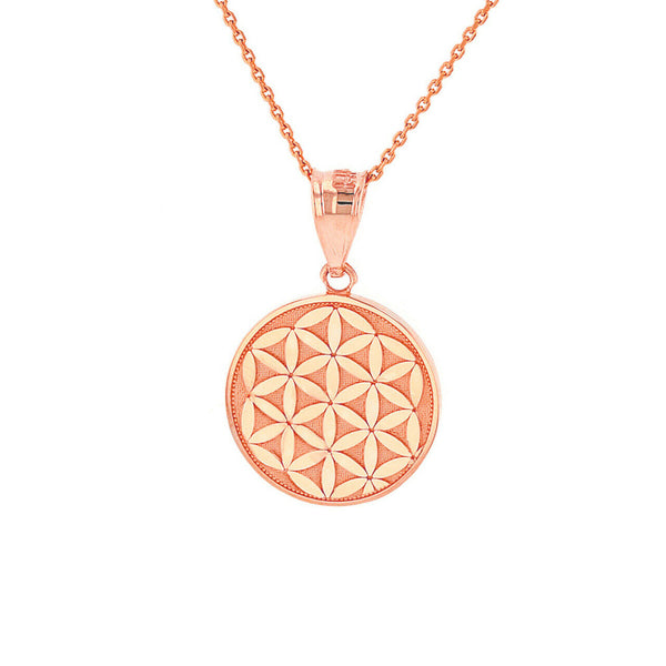 14K Solid Gold Flower of Life Dainty Disc Medallion Pendant Necklace