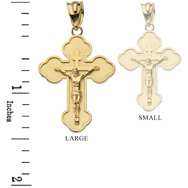 Solid Gold 10K Double Sided Eastern Orthodox Russian Crucifix Pendant Necklace