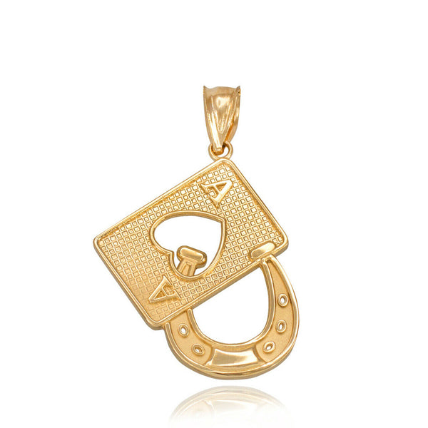 14k Yellow Gold Lucky Poker Ace Card Horseshoe Casino Gambling Pendant Necklace
