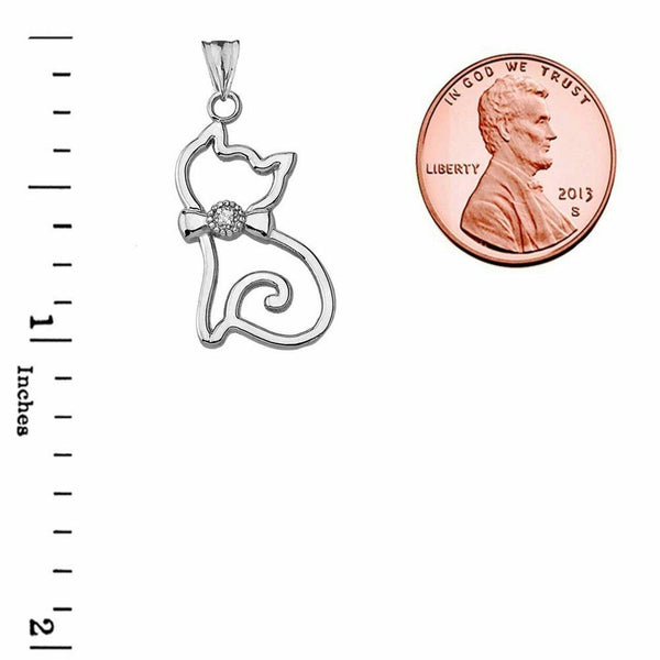 Solid 14k White Gold Openwork Diamond Cat Pendant Necklace