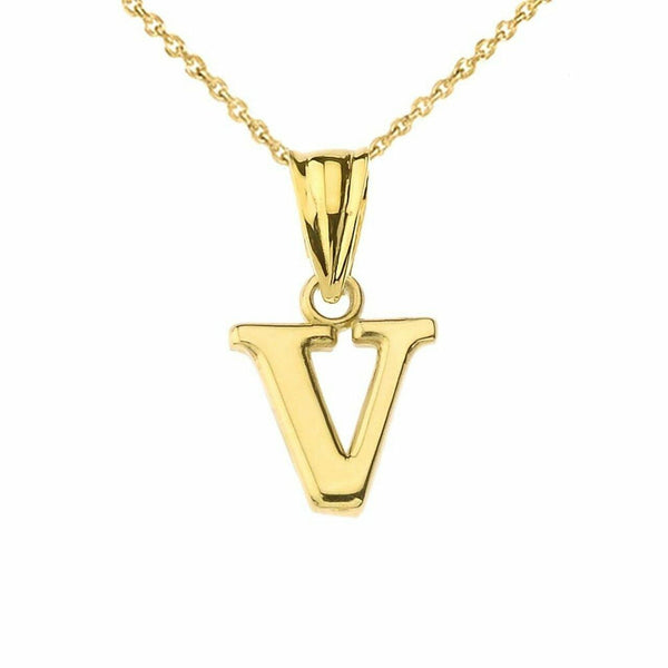 14k Solid Yellow Gold Small Mini Initial Letter V Pendant Necklace