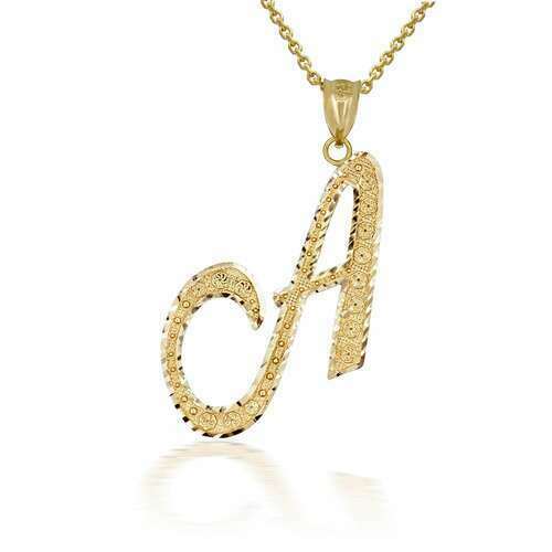10k Solid Yellow Gold Cursive Initial Letter A Pendant Necklace