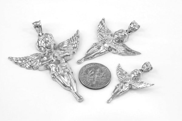 10K Solid White Gold Diamond Cut Angel Pendant Size Small, Medium, Large