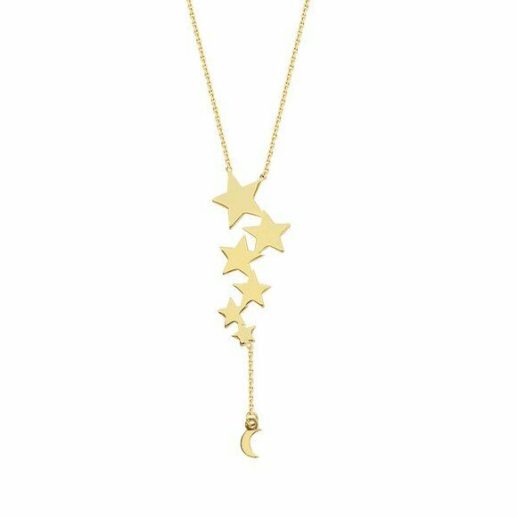 14K Solid Yellow Gold Celestial Lariat Star Dangle Drop Necklace Adjust 16"-18"