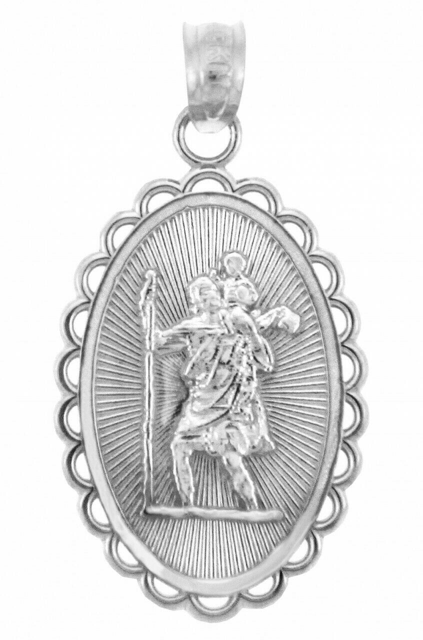 925 Fine Sterling Silver St. Saint Christopher Protect Us Oval Pendant Necklace