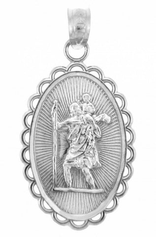 925 Fine Sterling Silver St. Saint Christopher Protect Us Oval Pendant Necklace