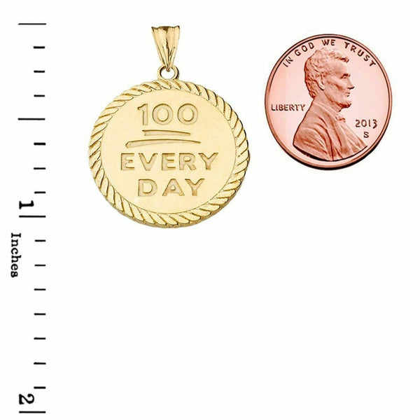 14K Solid Yellow Gold "100 Every Day” Rope Disc Pendant Necklace