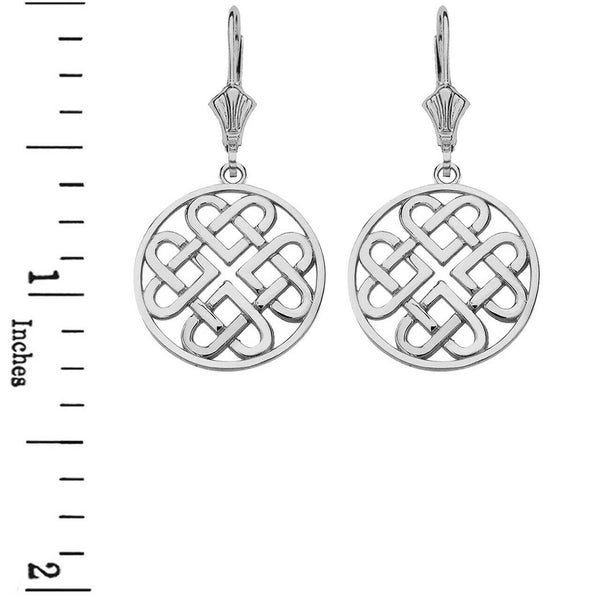 14k White Gold Woven Celtic Hearts Circle Drop Earrings Set - Small