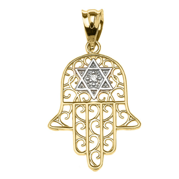 14k Solid Yellow Gold Hamsa Hand With Diamond Star Of David Pendant Necklace