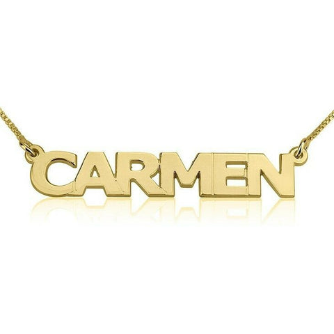 Personalized Yellow Gold over Silver Capital Name Plate Box Chain Necklace