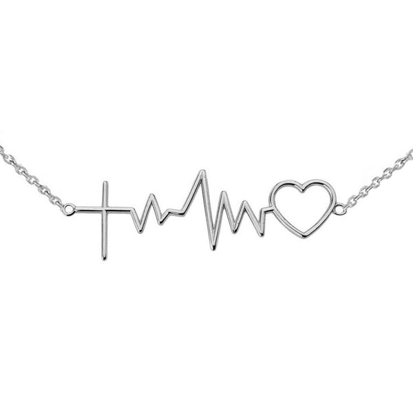 14k Solid White Gold Heart Beat Heartbeat with Cross Pendant Necklace