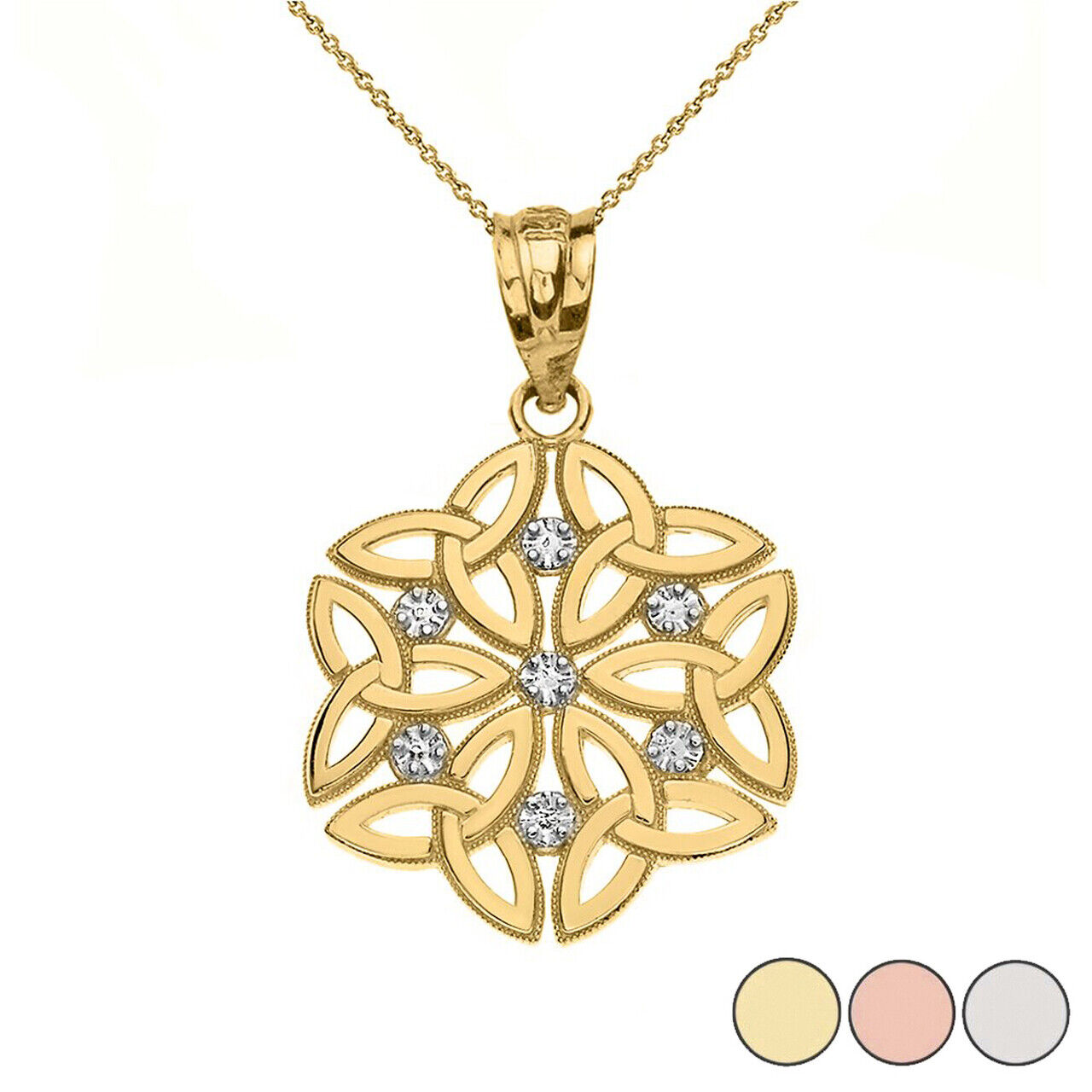 14K Solid Gold Triquetra Celtic Dara Endless Knot Diamond Pendant Necklace