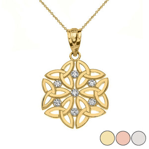 14K Solid Gold Triquetra Celtic Dara Endless Knot Diamond Pendant Necklace