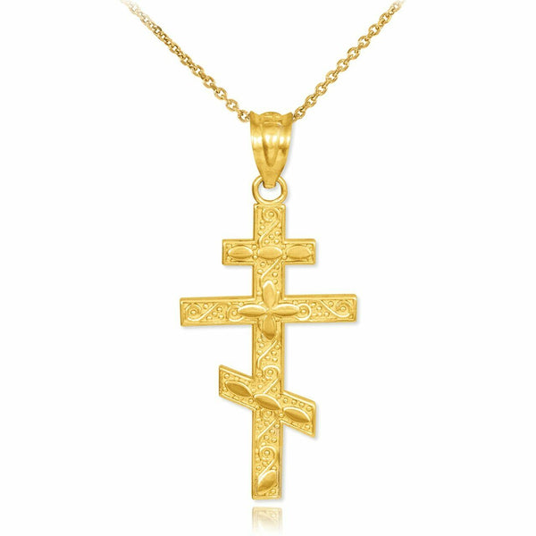 14k Solid Real Yellow Gold Russian Orthodox Cross Pendant Necklace