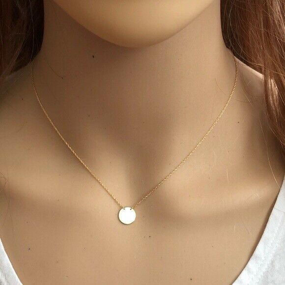 14K Solid Gold Mini Disk Round Disc Dainty Necklace - Minimalist Adjust 16"-18"