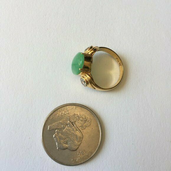14K Solid Yellow Gold Oval Green Jade CZ Ring Size 5.5