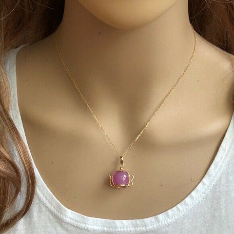 14K Solid Gold Purple Teapot Pendant / Charm Dainty Adjustable Necklace 16"-18"