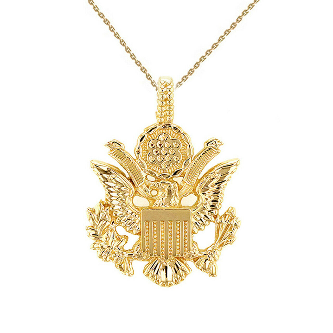 14k Solid Gold American Eagle Coat of Arms Pendant Necklace