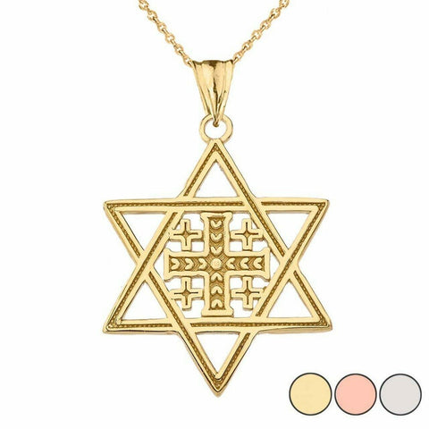 10k Solid Yellow Gold Jerusalem Cross In Star Of David Pendant Necklace