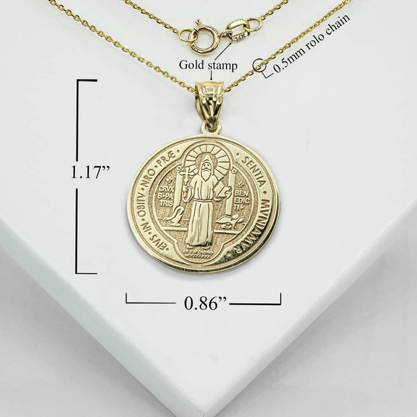 10K Solid Gold Saint Benito Prayer Double 2 sided Pendant Necklace