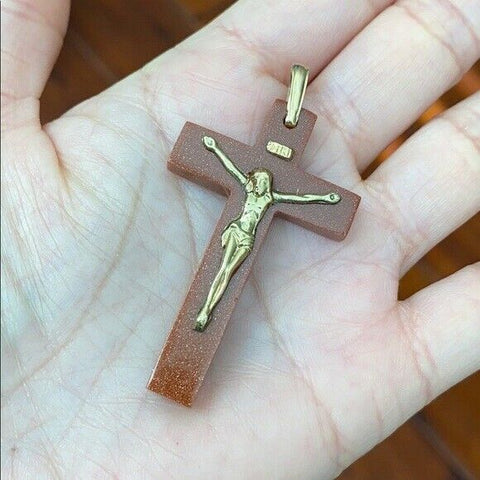 Real Yellow Gold Jesus Crucifix Red Cross Religious Pendant - PP20