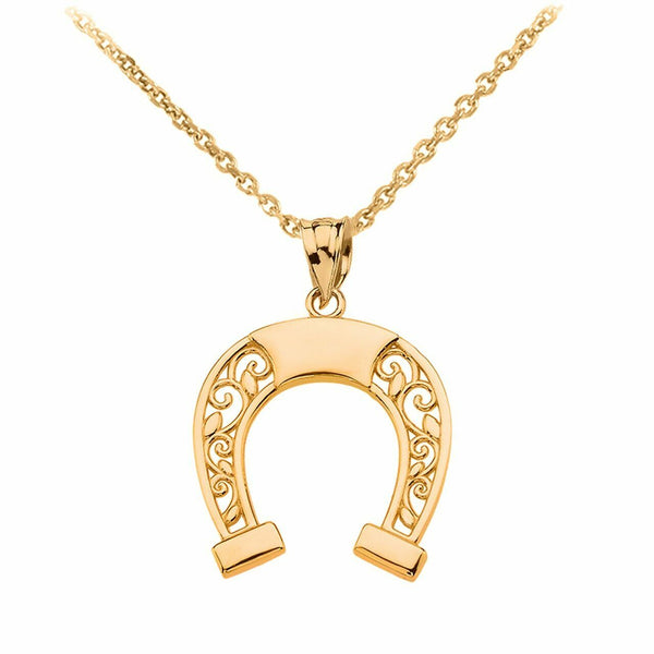 10k Solid Yellow Gold Open Filigree Arc Horseshoe Luck Pendant Necklace
