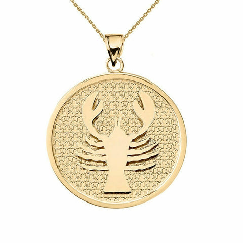 14K Solid Gold Cancer Zodiac Sign Disc Round Pendant Necklace