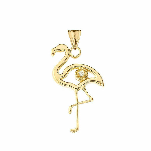 10k Solid Yellow Gold Diamond Small Flamingo Pendant Necklace 16" 18" 20" 22"