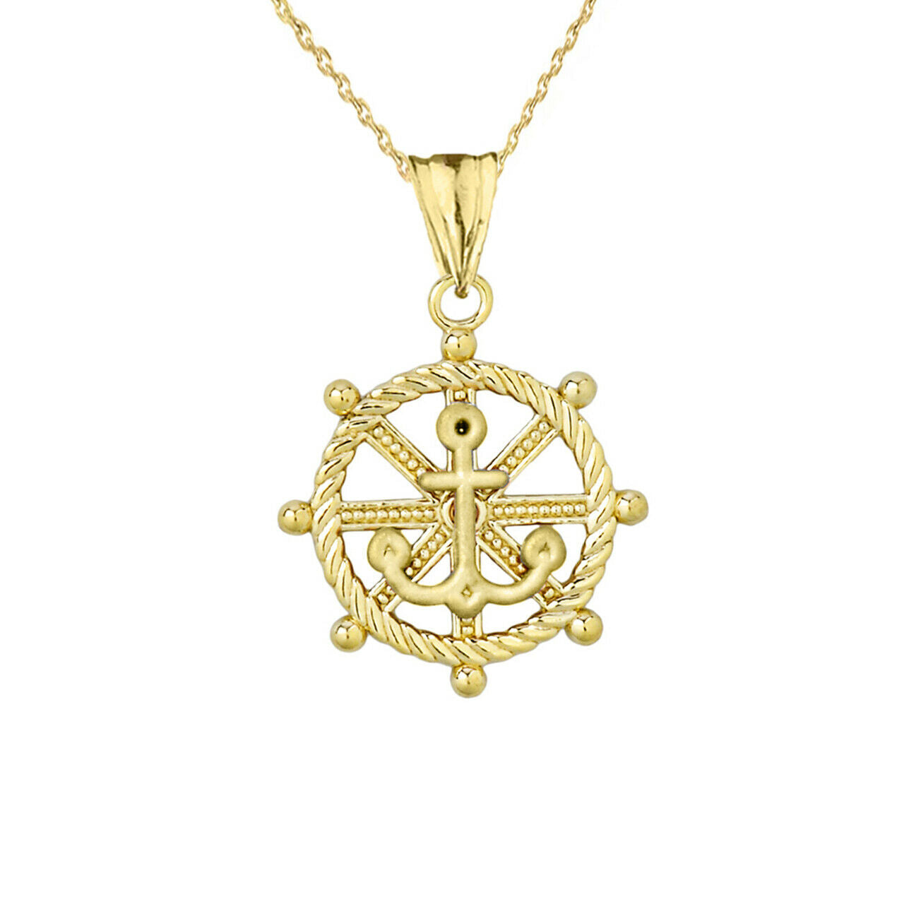 14K Solid Yellow Gold Anchor with Roped Helm Pendant Necklace