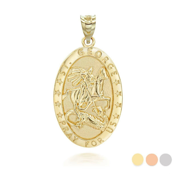 10K Solid Gold Saint George and the Drago Pendant Necklace - Yellow, Rose, White